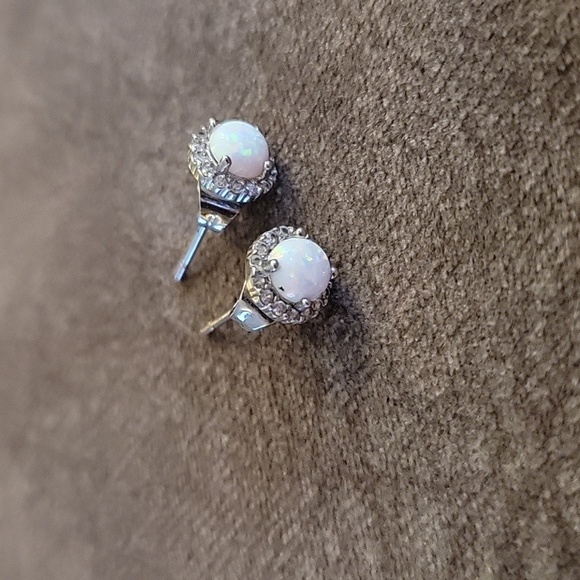 STERLING Silver Halo Opal Circle Bridal Post Earrings - Picture 3 of 6